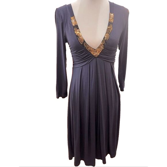 Velvet by Graham & Spencer Navy Beaded V-Neck Empire Waist Midi Dress S NWT USA - Picture 1 of 10